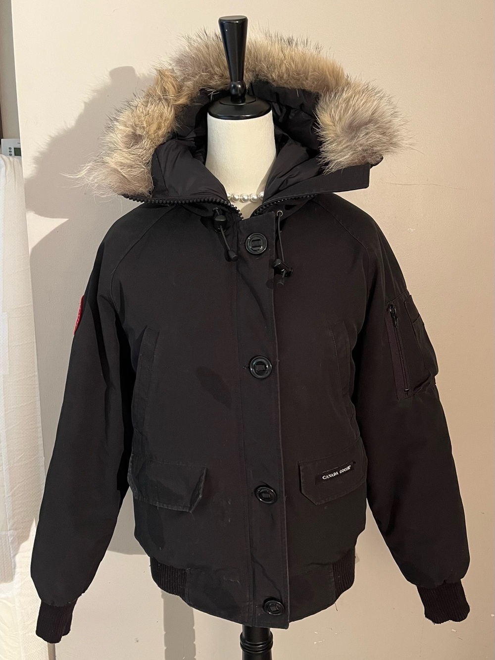 Canada Goose Black Hooded Puffer Jacket with Fur Trim